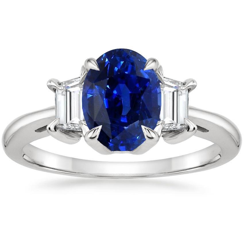 66662 3.50 CT White Gold 3 Stone Ceylon Sapphire & Trapezoid Diamond Ring, Size 6.5
