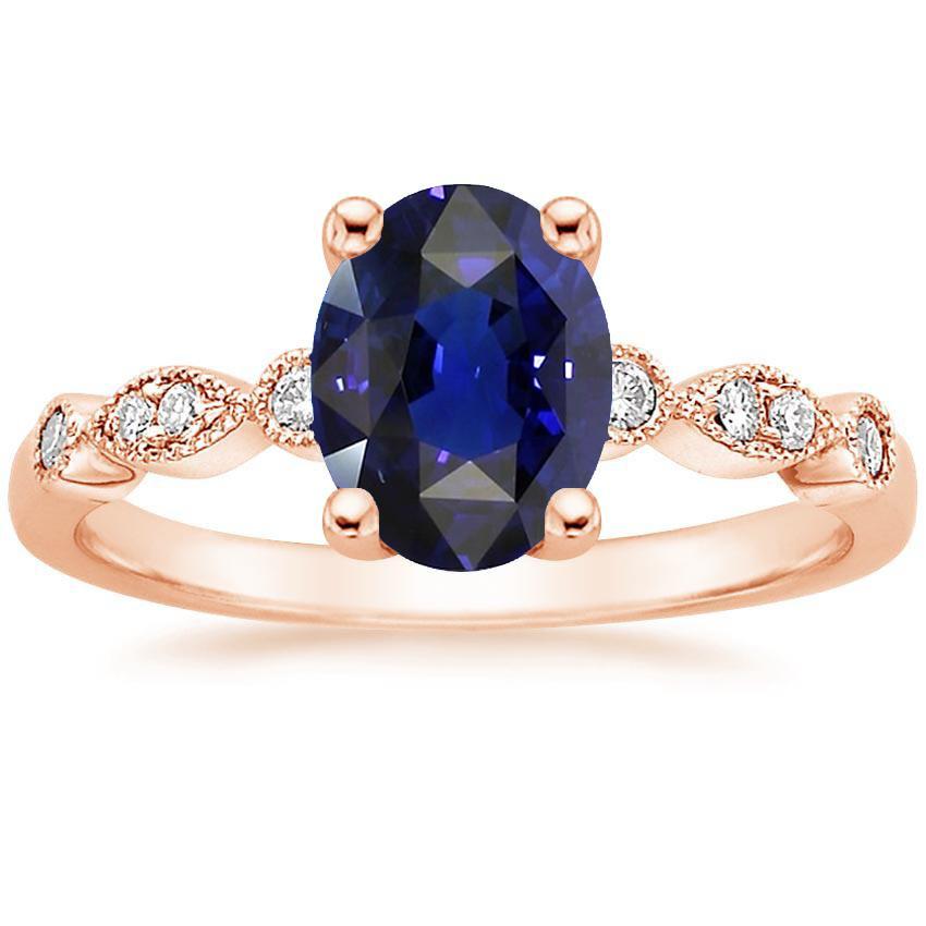 66685 4 CT Vintage Style & Diamond Accents Blue Sapphire Solitaire Ring, Size 6.5