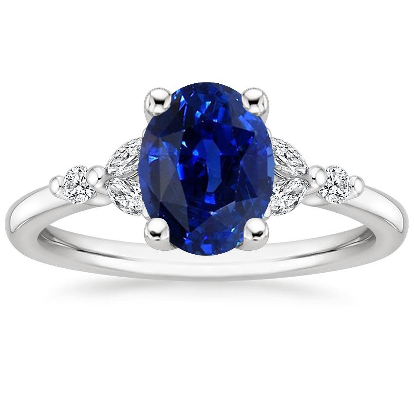 66687 3.75 CT Solitaire Blue Sapphire Ring with Round & Marquise Diamond, Size 6.5