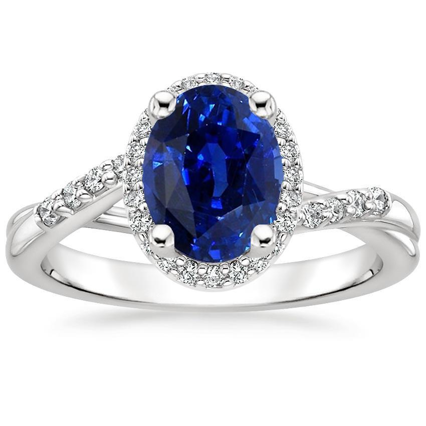 66691 3.75 CT Twist Style Oval Blue Sapphire & Diamonds Halo Ring, Size 6.5