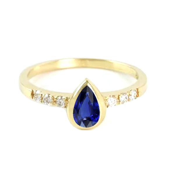 66707 Pear Blue Sapphire 2 CT Anniversary Ring Bezel Set with Accents, Size 6.5