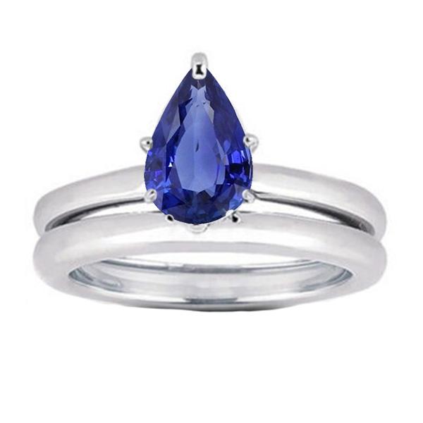 67134 2 CT Srilanka Sapphire Solitaire Pear Wedding Ring Set, Size 6.5