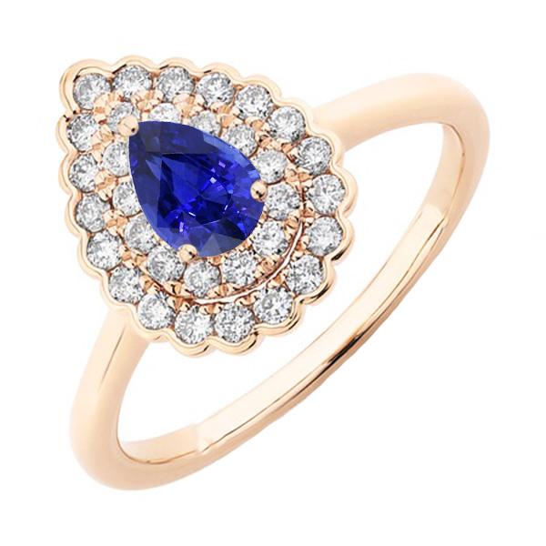 3.50 CT Ladies Double Pear Blue Sapphire & Diamonds Halo Ring, Size 6.5