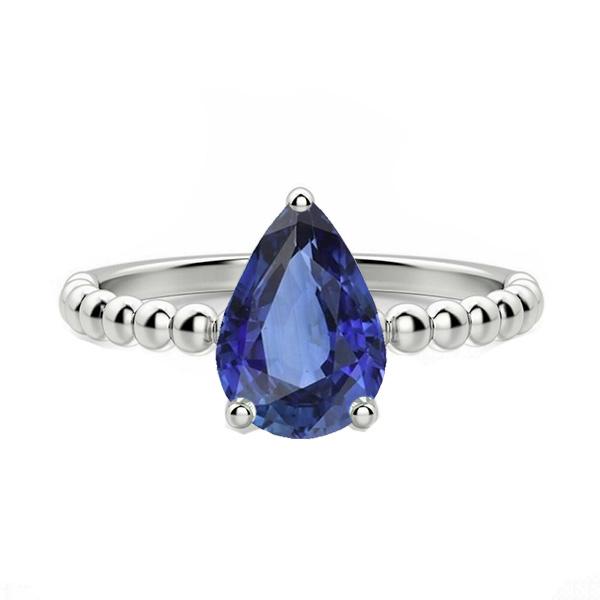 67144 2 CT Solitaire Pear Shaped Ceylon Beaded Style Sapphire Ring, Size 6.5