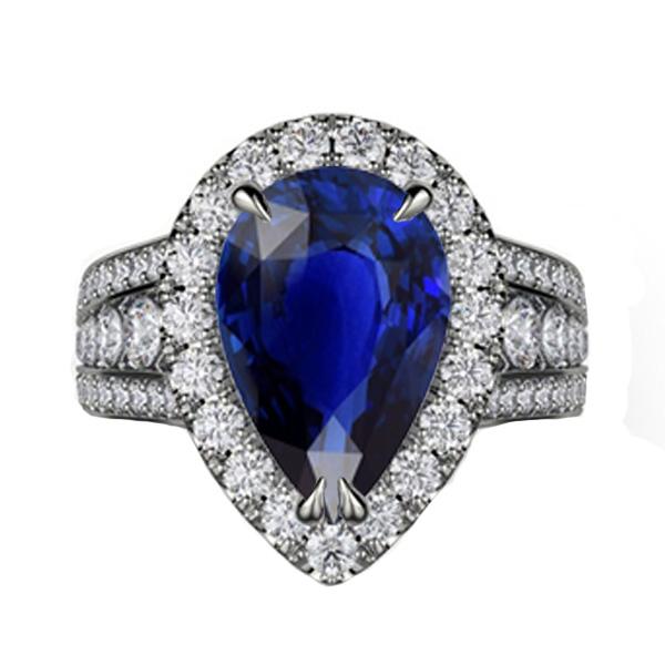 67145 6 CT Womens Halo Blue Sapphire Set & Diamonds Wedding Ring, Size 6.5