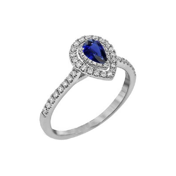 67146 2.50 CT Pear Double Blue Sapphire 14K Gold Diamonds Halo Ring, Size 6.5