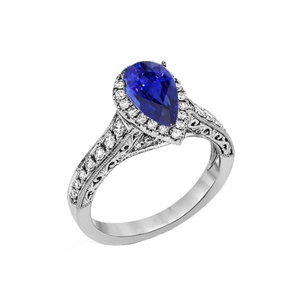 67147 3 CT Halo Blue Sapphire Antique Style & Diamonds Wedding Ring, Size 6.5