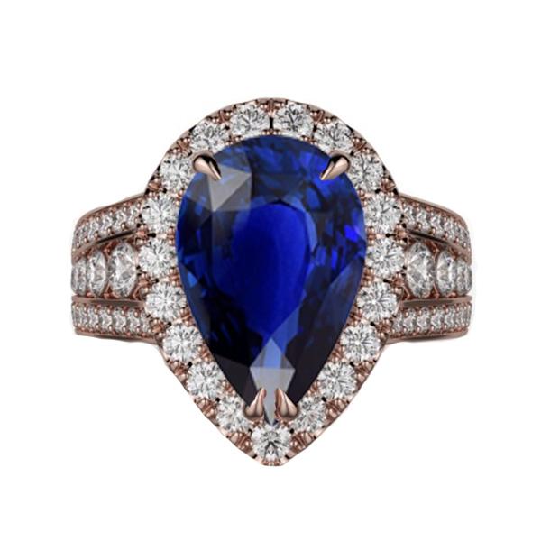 67148 6 CT Rose Gold Halo Ceylon Sapphire Diamonds Engagement Ring Set, Size 6.5