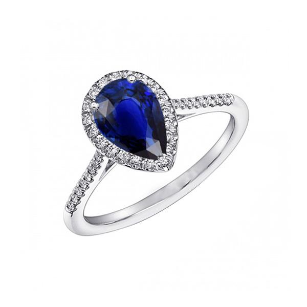 67151 3.50 CT Blue Sapphire Halo Pear Shaped Ring & Diamonds, Size 6.5