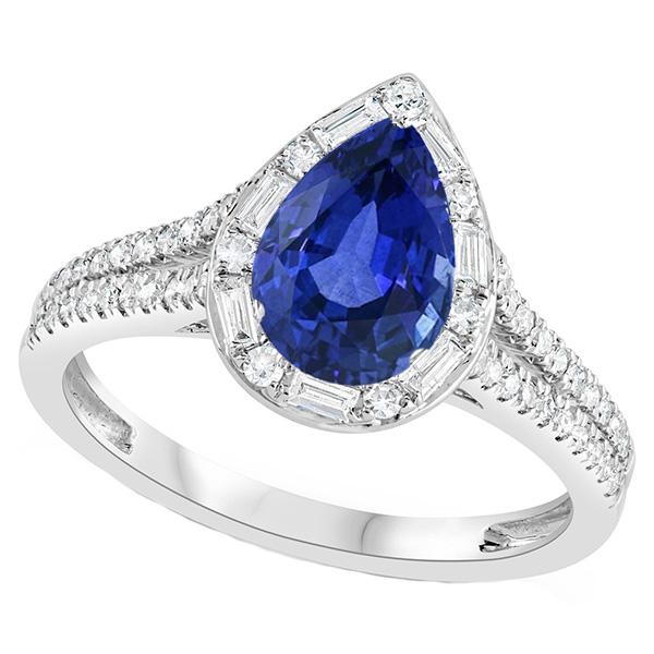 67152 5 CT Pear Halo Blue Double Shank & Baguette Diamonds Sapphire Ring, Size 6.5