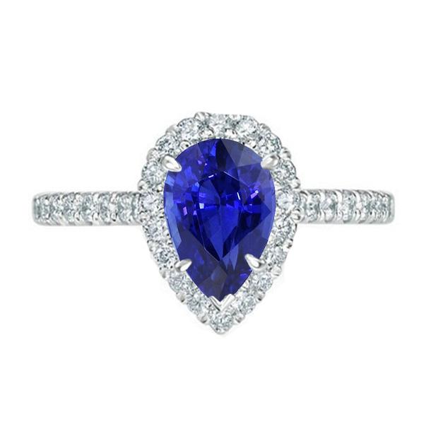 67159 4 CT Halo Diamond Jewelry Pear Blue Sapphire Ring, 14K White Gold - Size 6.5