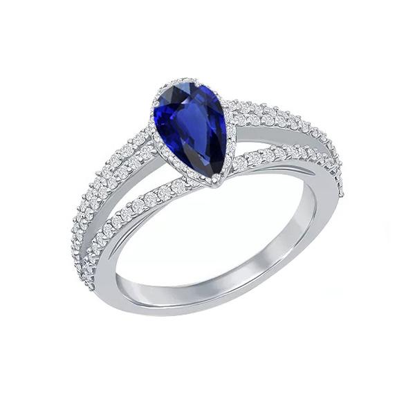 67161 2.50 CT Diamond Halo Pear Natural Blue Sapphire Wedding Ring, Size 6.5
