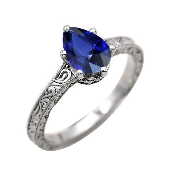 67163 2 CT Solitaire Pear Blue Antique Style Sapphire Ring, Gold - Size 6.5