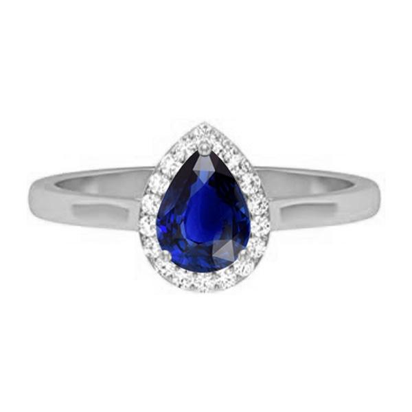 67164 3 CT Halo Pear Deep Blue White Gold Sapphire Ring, Size 6.5