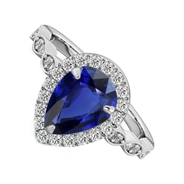 4 CT Diamond Halo Pear Cut Sri Lankan Sapphire Ring, Size 6.5