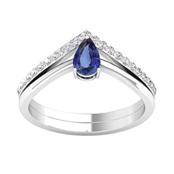 67174 2 CT Diamond Wedding Band & Pear Solitaire Blue Sapphire Ring Set, Size 6.5