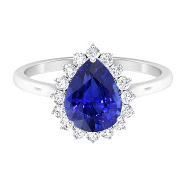3.50 CT Halo Pear Blue Star Style Diamond Sapphire Ring, Size 6.5