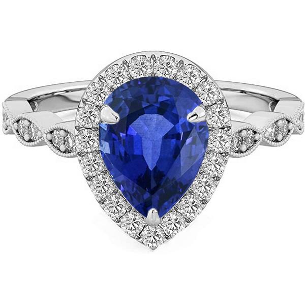 67176 5 CT Pear Ceylon Sapphire & Diamonds Halo Ring, 14K White Gold - Size 6.5