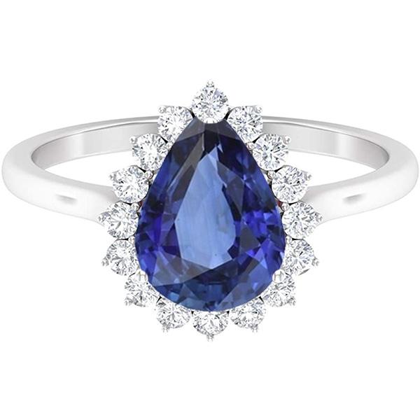 4.50 CT Diamond Halo Anniversary Pear Shaped Blue Sapphire Ring, Size 6.5