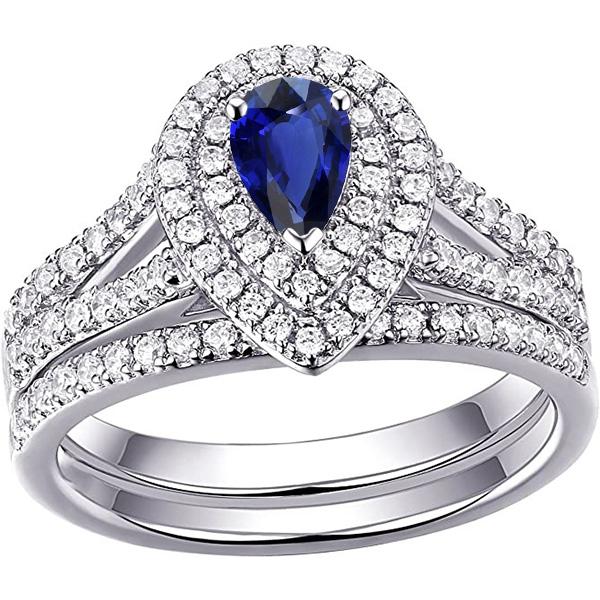 67181 4.50 CT Double Halo Set Pear Blue Sapphire & Diamonds Wedding Ring, Size 6.5