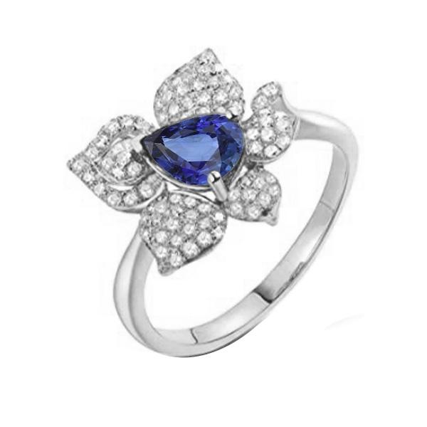 67184 Blue Sapphire & Diamonds 2.50 CT Flower Style Gemstone Ring, Size 6.5