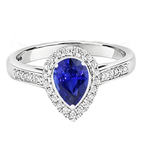 67186 3.50 CT Halo Diamond Pear Cut Ceylon Sapphire Center Wedding Ring, Size 6.5