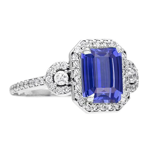 Srilanka Sapphire Halo Emerald Cut 4.50 CT 3 Stone Style Ring, Size 6.5