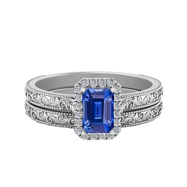 Halo Set Emerald Blue Sapphire 2.50 CT Antique Style Wedding Ring, Size 6.5