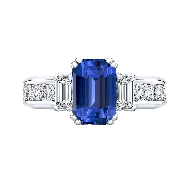 67638 4 CT Blue Sapphire 3 Stone Emerald Cut Ring & Princess Diamonds, Size 6.5