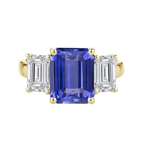 3.50 CT Three Stone Emerald Ceylon 14K Yellow Gold Sapphire Ring, Size 6.5