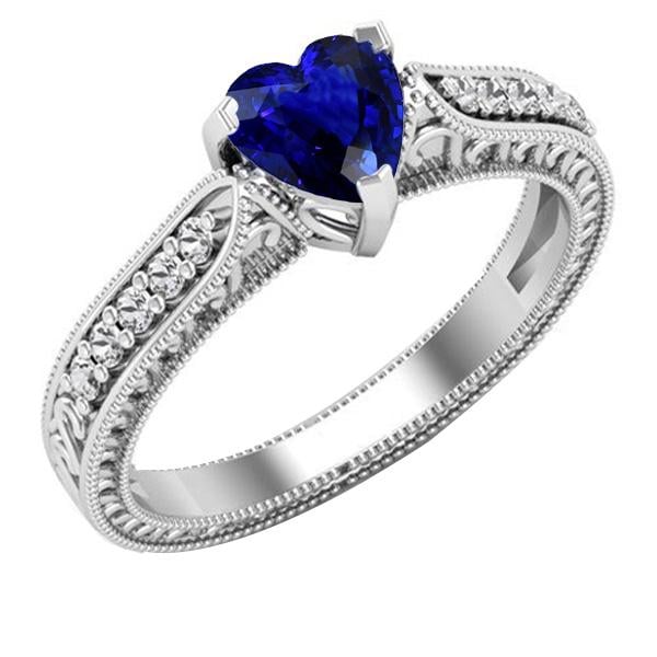 67645 2 CT Heart Blue Sapphire Milgrain Shank Gemstone Ring, Size 6.5