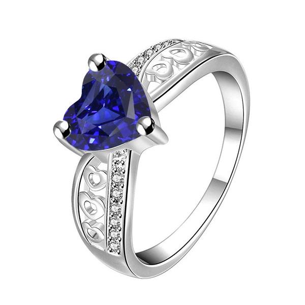 67647 2 CT White Gold Diamond Heart Shaped Deep Blue Sapphire Ring, Size 6.5