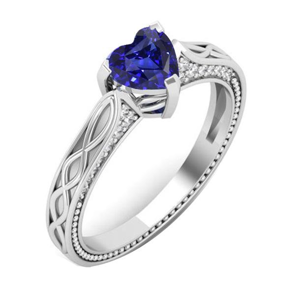 Heart Blue Sapphire Antique Style 1.25 CT Diamonds Gemstone Ring, Size 6.5