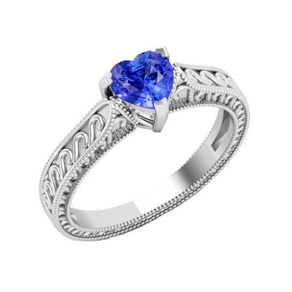 Solitaire Heart Light Blue 1 CT Filigree Shank Sapphire Ring, Gold - Size 6.5