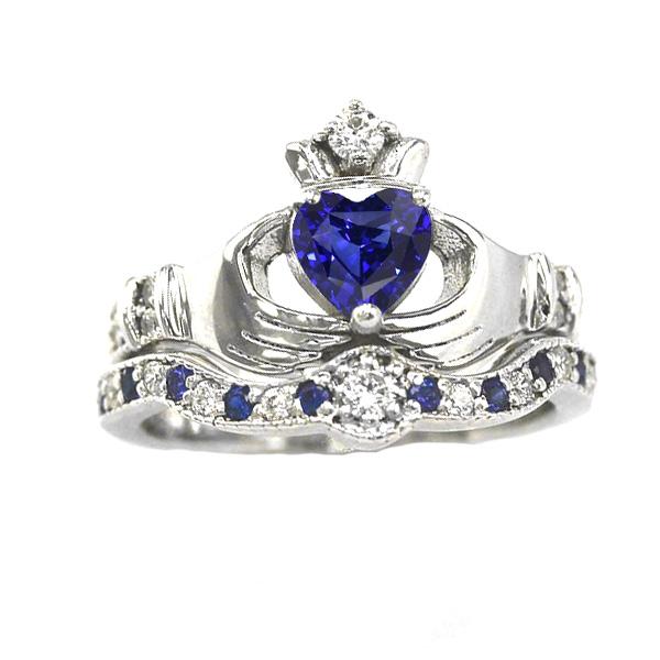 67663 2 CT Diamond Jewelry Heart Blue Sapphire Gemstone Wedding Ring Set, Size 6.5