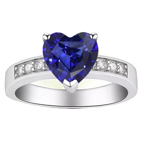 67680 2.50 CT Blue Sapphire Heart Cut Gemstone Gold 14K Diamond Ring, Size 6.5