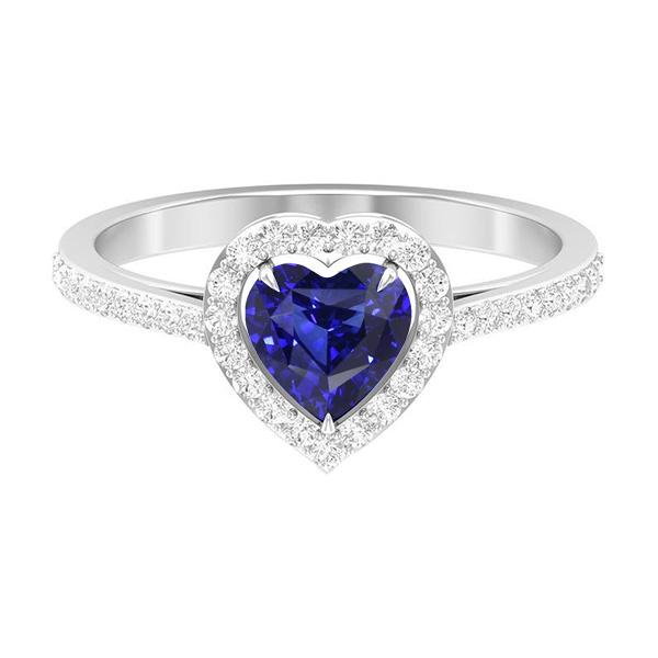 2.50 CT Halo Blue Sapphire Heart Ring & Pave Set Diamonds, Size 6.5