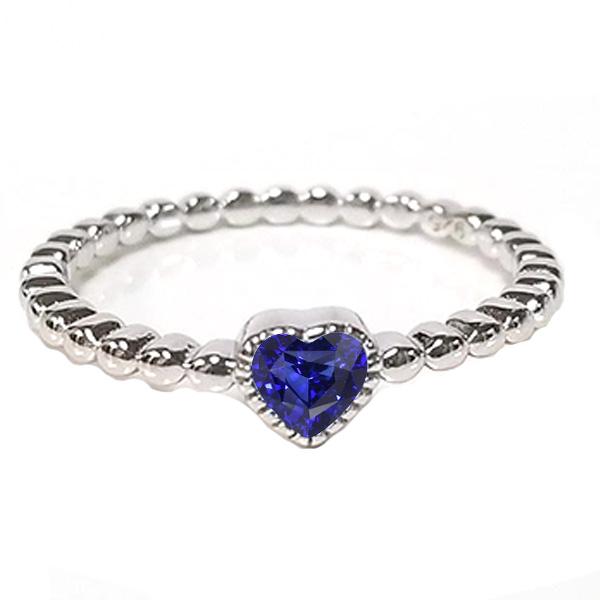 67687 Blue Sapphire Solitaire Bezel Set Heart 1 CT Beaded Style Ring, Size 6.5