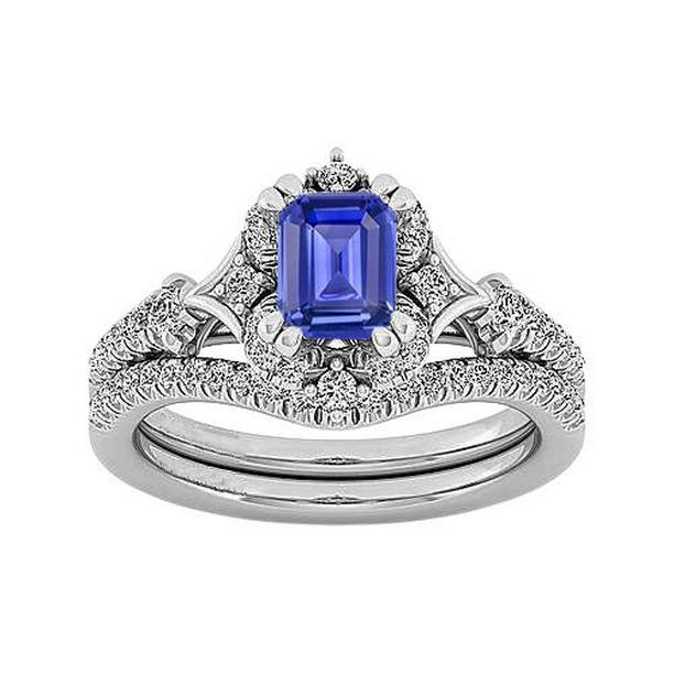 68084 3 CT Halo Set Blue Sapphire Pave Split Shank Diamonds Wedding Ring, Size 6.5