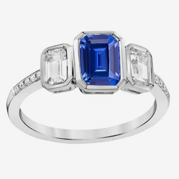 68091 2.50 CT Emerald Diamond Bezel Set Blue 3 Stone Style Sapphire Ring, Size 6.5