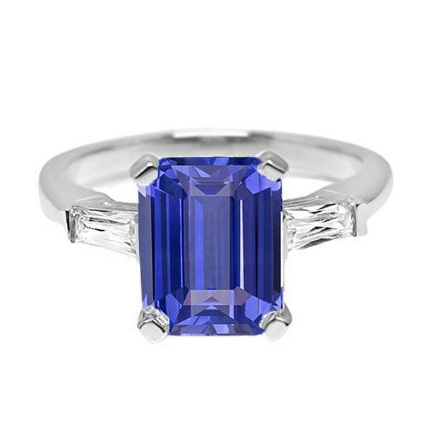 2.50 CT 3 Stone Emerald Sapphire & Baguette Diamonds Wedding Ring, Size 6.5