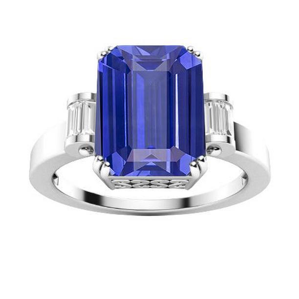 3 Stone Blue Sapphire Emerald 3 CT Bar Set Baguette Diamonds Ring, Size 6.5