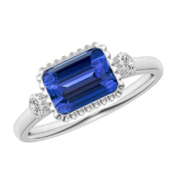 68098 2.25 CT Round Diamond Bezel 3 Stone Anniversary Blue Sapphire Ring, Size 6.5
