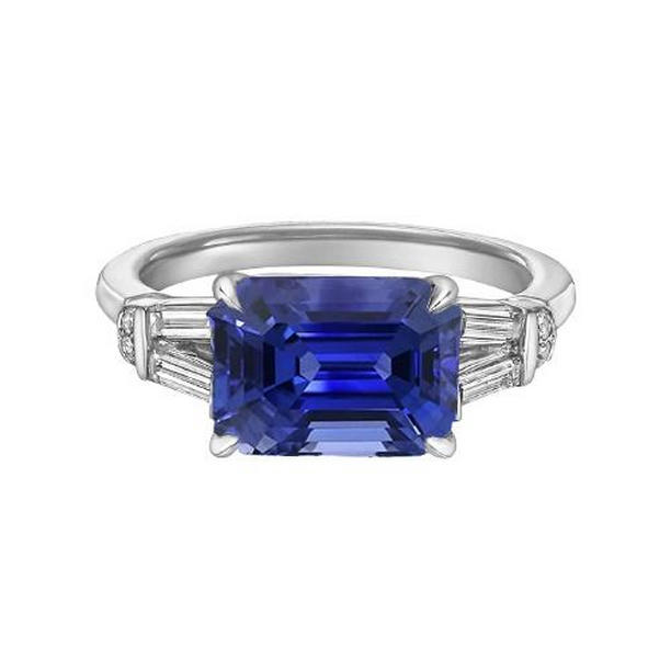 68100 2.50 CT Baguette & Round Diamond Ceylon Emerald Cut Sapphire Ring, Size 6.5