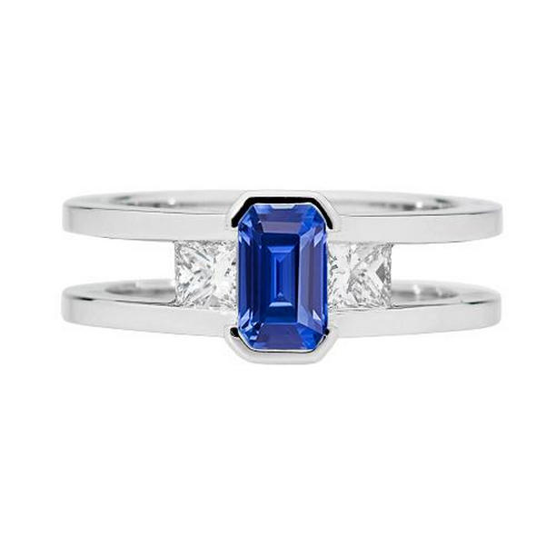 68101 1.25 CT Princess Diamond 3 Stone Emerald Split Shank Sapphire Ring, Size 6.5