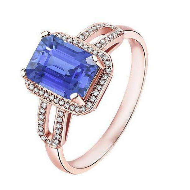 68102 3.50 CT Halo Diamond Blue Sapphire Emerald Ring, 14K Rose Gold - Size 6.5