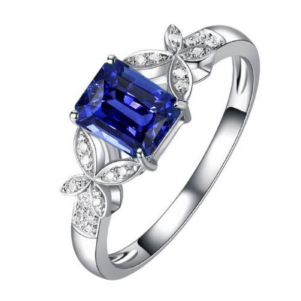 3 CT Diamond Radiant Blue Sapphire Butterfly Style Gemstone Ring, Size 6.5