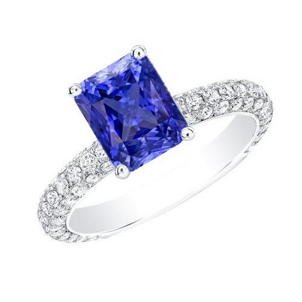 Womens Radiant Cut 3.50 CT Multi Row Pave Diamonds Sapphire Ring, Size 6.5