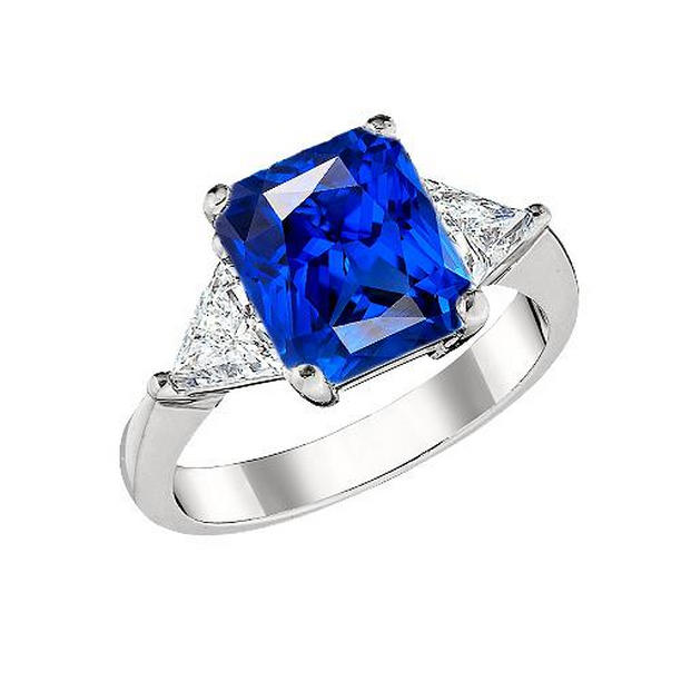 68115 2.50 CT Trillion Diamond & Deep Blue Tapered Shank Sapphire Ring, Size 6.5