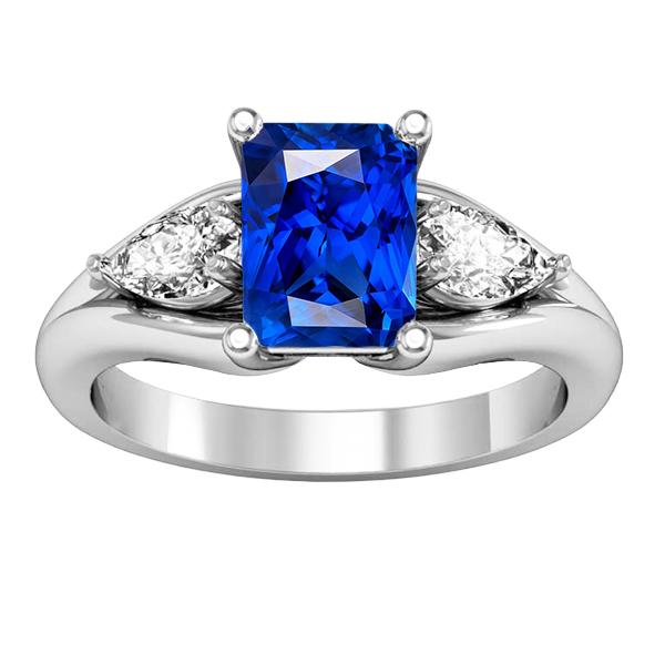 68127 Pear Diamond Radiant Blue 3 CT V Split Shank 3 Stone Sapphire Ring, Size 6.5